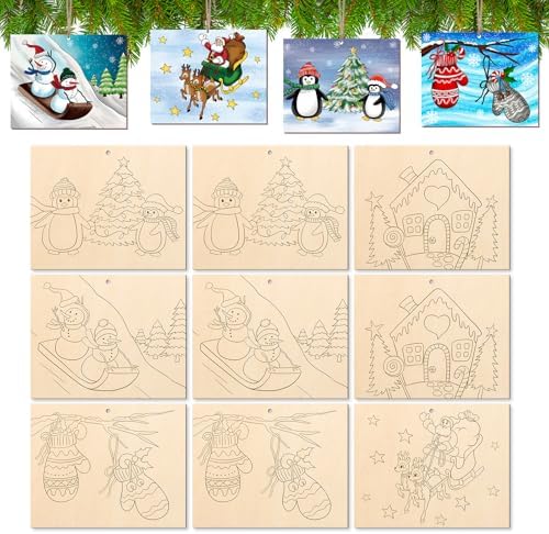 COCHIE 10 Pieces Large Christmas Unfinished Wood Crafts to Paint for Adults, Bulk Winter Predrilled Wooden Ornaments for Painting, Peppermint Candy House Paintable Wood Slices Craft Supplies by COCHIE