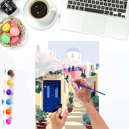 Lxmsja Greek Village Paint by Numbers Kit for Adults, Black Cat Acrylic Paint by Numbers for Adults Beginner, DIY Craft Supplies Oil Painting Kits for Home Wall Decor 8x12 inch (Framed) - Image 6