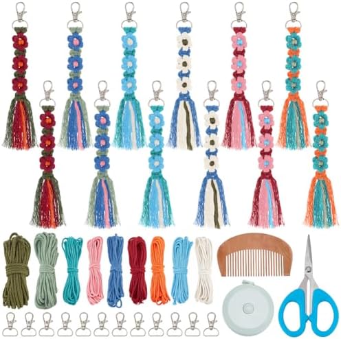 BEUNITONE 12 Sets Macrame Keychain Making Craft Kits for Adults Daisy Flower Keychains Macrame Cord Knotting Supplies Kit with Instruction Keychain Accessories DIY Kits for Beginners Adults Charms by BEUNITONE