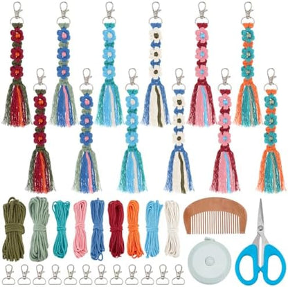 BEUNITONE 12 Sets Macrame Keychain Making Craft Kits for Adults Daisy Flower Keychains Macrame Cord Knotting Supplies Kit with Instruction Keychain Accessories DIY Kits for Beginners Adults Charms by BEUNITONE