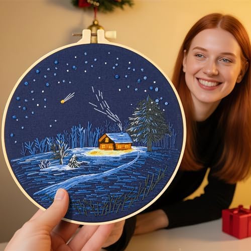 Christmas Embroidery Kits for Beginners Adults, Winter Hand Embroidery Starter Kits, Christmas Cross Stitch Kits for Beginners Needlepoint DIY Kits for Adults, Embroidery Hoop, Thread & Video Tutorial - Image 2