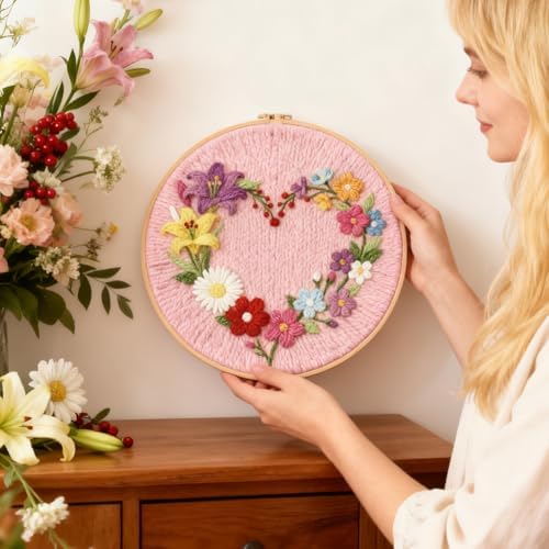 INFUNLY Punch Needle Kit for Beginners Adults Heart Floral Punch Needle Kits with Fabrics Floss Instruction Flower Wreath Needlepoint Embroidery Kits for Craft Lovers and Home Decor - Image 7