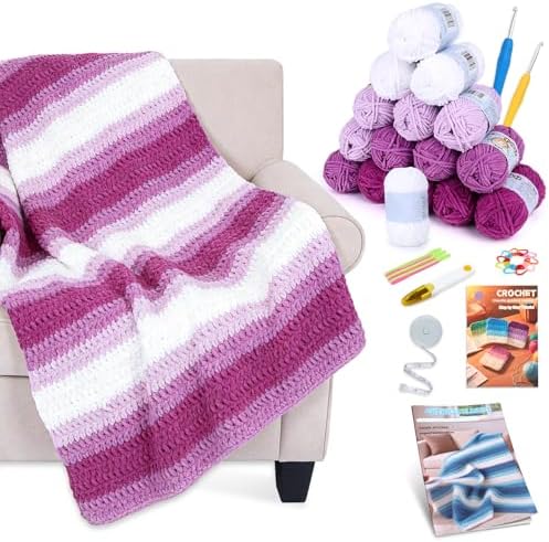 Reessy Crochet Blanket Kit for Adult Beginners, Purple Ombre Chenille Yarn by Reessy