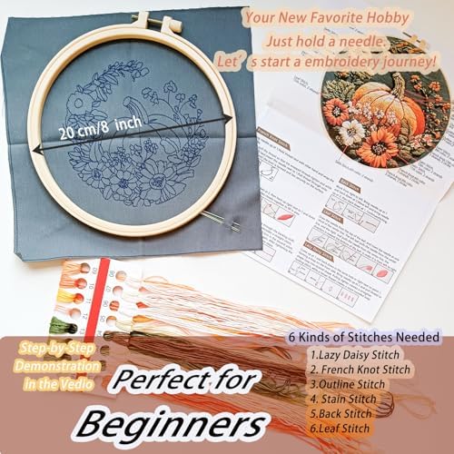 FONNUY Pumpkin Embroidery Kit for Beginners, Pre-Stamped Pattern Kits for Adults with Hoop, Easy to Follow Color Thread Needlework, 8'' Hoop (Yellow) - Image 6