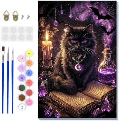 NAIMOER Halloween Paint by Numbers Kits for Adults Beginner with Wooden Framed, Black Cat Magical Color by Numbers on Canvas Painting Kits for Adults, Easy Paint DIY Acrylic for Home Decor 8X12 Inch by NAIMOER