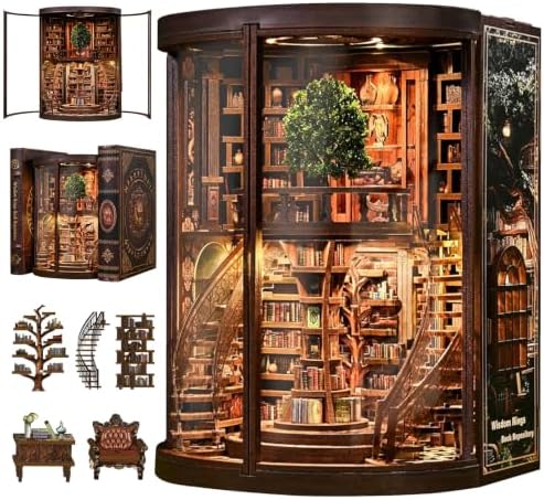 Book Nook Kit for Bookshelf —Tree of Wisdom Library 3D Wooden Puzzle, DIY Miniature Dollhouse with LED Lights, Fantasy Book Shelf Insert Decor (Tree of Wisdom Library) by GATTLELIC
