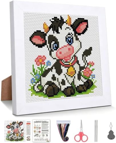 WUSARPLY Cow Stamped Cross Stitch Kits for Beginners Adults with Framed by WUSARPLY