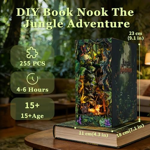 fifijoy Jungle Adventure Book Nook Kit - DIY Miniature Dollhouse Booknook for Adults, 3D Wooden Puzzle Bookend Bookshelf Decor with LED Light and Sound Effects, Creative Gift for Family, Friends - Image 5