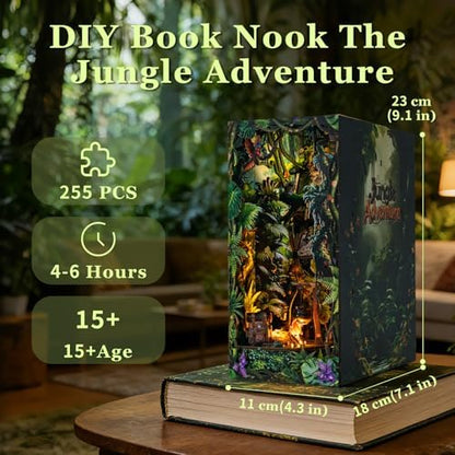 fifijoy Jungle Adventure Book Nook Kit - DIY Miniature Dollhouse Booknook for Adults, 3D Wooden Puzzle Bookend Bookshelf Decor with LED Light and Sound Effects, Creative Gift for Family, Friends - Image 5