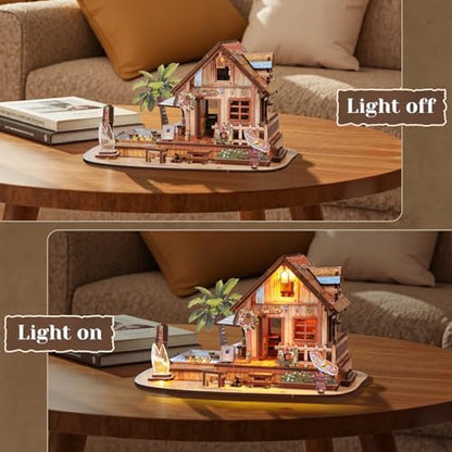 3D Wooden Puzzles for Adult,187pcs Hawaiian Vacation Beach House Kit,DIY Wooden Model Kits with LED Light for Adults-Toy Gifts for Ages 14 and up - Image 5