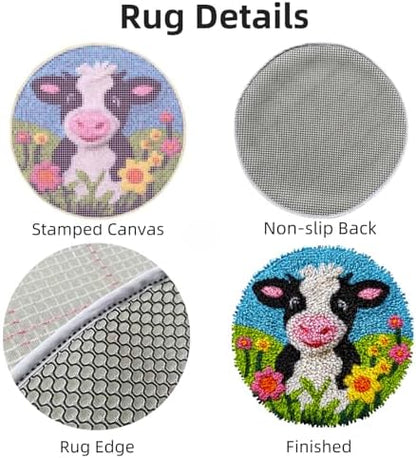 DIY Latch Hook Rug Kits Dairy Cow in Flower Easy for Beginners Round Carpet Crochet Yarn Craft Mini Rug Hook and Latch Tapestry for Home Decor 30x30cm-2 - Image 3