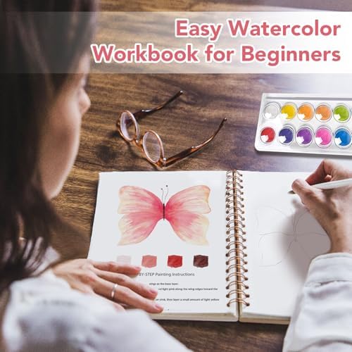 Easy Watercolor Workbook for Beginners - 12 Beautiful Step-by-Step Paintings Water Coloring Book, Includes 16 Colors Paints, Relaxing Art Projects and Creative Gift for Adults & Teen (Butterflies) - Image 2