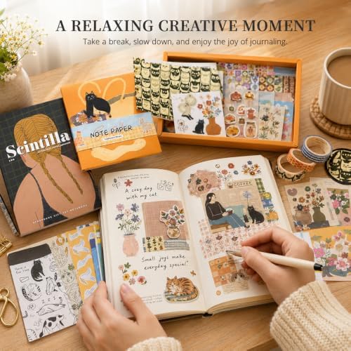 Cozy Cat Scrapbook Kit, Junk Journal Supplies with Stickers & Washi Tape - Image 3