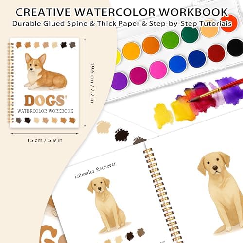 Easy Dog Watercolor Workbook for Beginners, Water Coloring Book, 18 Colors Watercolors Paint Set, 12 Patterns Watercolor Kit, Relaxing DIY Gift for Dog Lovers, Adults and Women Teen - Image 2