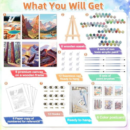 EggSun 6 Pack Framed Paint by Numbers Kit for Adults,Beginners with Wooden Easel,DIY Acrylic Oil Painting Paint by Numbers Kits on Canvas for Home Decor(National Park Landscape,8x12Inch) - Image 3