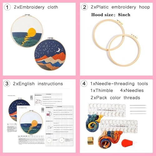 Armindou Hand Embroidery DIY Kits for Beginners Adults, Sea Sunrise Embroidery Set Needlepoint Kits, Stamped Cross Stitch Kits for Beginners Adults, 2 Embroidery Hoops, Fabric(Attached Video Tutorial) - Image 7