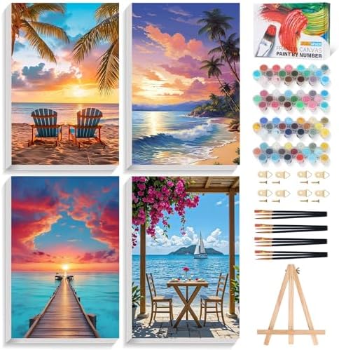 4 Pack Framed Paint by Numbers Kit for Adults Beach with Wooden Easel by Fountor