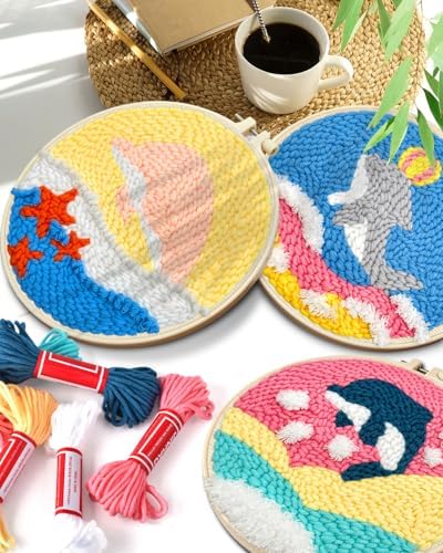 TINDTOP Punch Needle Kits, 3 Pack Punch Needle Embroidery Kits for Adults Beginner, Tool with Punch Needle Fabric, Hoops, Yarns and Sewing Needles (Dolphin) - Image 7