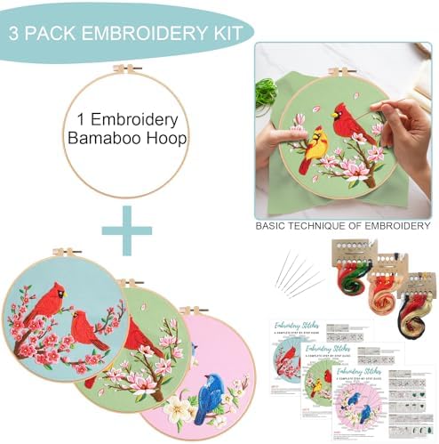 Nuberlic 3 Pack Embroidery Kit for Beginners with Cardinal & Blue Bird - Image 2