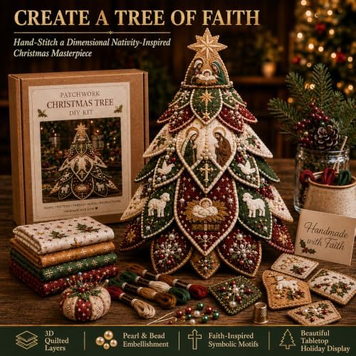 Beginner-Friendly Tree of Faith 3D Quilted Christmas Tree Sewing Kit, DIY Christmas Craft Kit with Fabric & Embroidery Details, Religious Holiday Decor for Adults Handmade Christmas Decoration，#E - Image 2
