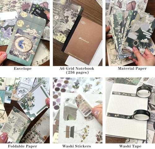 BoomTeck Vintage Scrapbooking Kit, Aesthetic Junk Journal Supplies with Scrapbook Paper, Washi Stickers, A6 Grid Notebook - DIY Craft Journaling Gift for Teen Girl Adult (Green) - Image 4
