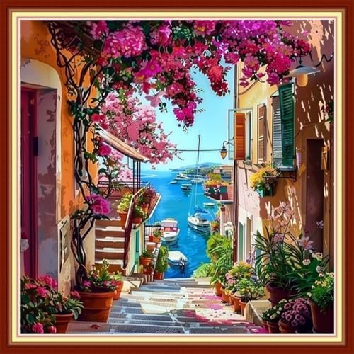 Joyhoor Stamped Cross Stitch Kits for Beginners, Needlepoint Kits for Adults, 11CT Counted Embroidery Kits-Seaside Flower Street 18x18 inchs by JoyhoorCrossStitchKits