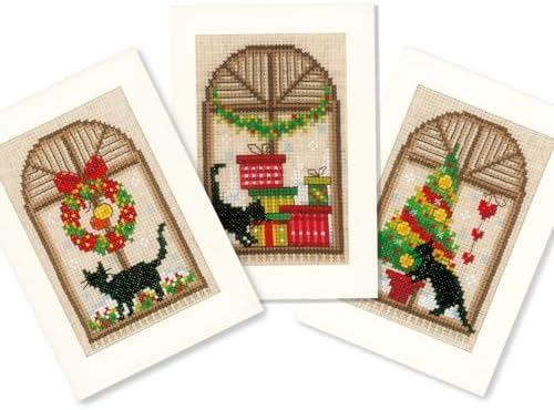Vervaco Counted Cross Stitch Christmas Cards Kit Set of 3 Festive Feline Holiday Embroidery Kit for Beginners ca. 10,5 x 15 cm DIY Stationairy Set Gift for Crafters by VervacoCrossStitchandCraftSets