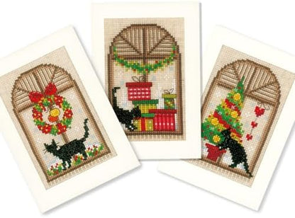 Vervaco Counted Cross Stitch Christmas Cards Kit Set of 3 Festive Feline Holiday Embroidery Kit for Beginners ca. 10,5 x 15 cm DIY Stationairy Set Gift for Crafters by VervacoCrossStitchandCraftSets