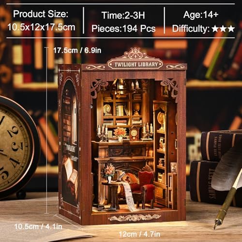 Library Book Nook Kit, DIY Miniature House Kit with LED, Vintage Study Bookshelf Decor, 3D Wooden Puzzle Craft, Gifts for Readers, Adults, Teens, Beginners (Twilight Library) - Image 4