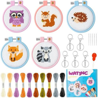 WATINC 5Pcs Embroidery Kit for Kids Stamped Cross Stitch DIY Key Chain with Woodland Animal Patterns Needlepoint Starter Kits Craft Supplies for Beginners Adults Schoolbag by WATINC