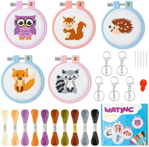 WATINC 5Pcs Embroidery Kit for Kids Stamped Cross Stitch DIY Key Chain with Woodland Animal Patterns Needlepoint Starter Kits Craft Supplies for Beginners Adults Schoolbag by WATINC