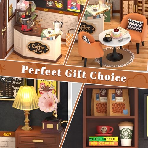 DIY Retro Coffee Shop Miniature House Kit, 115 Pieces Mini Dollhouse with Furniture & LED Light with Roof & Dust Covers Tiny House Toy for Adults - Image 4