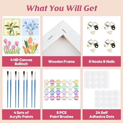Flowers Paint by Number for Adults Beginners and Kids, 4 Pack DIY Adult Paint by Number Kits on Canvas Framed, Color by Numbers Acrylic Oil Painting Number Kits Crafts for Home Wall Decor 8x8inch - Image 3