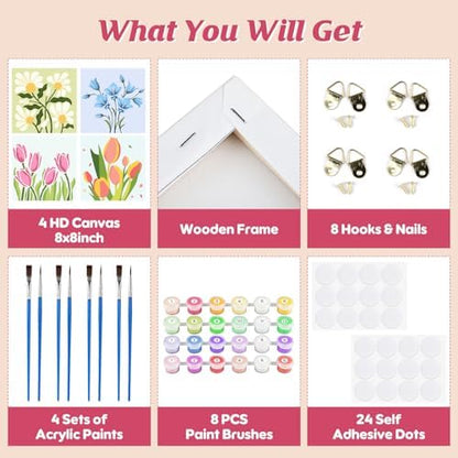 Flowers Paint by Number for Adults Beginners and Kids, 4 Pack DIY Adult Paint by Number Kits on Canvas Framed, Color by Numbers Acrylic Oil Painting Number Kits Crafts for Home Wall Decor 8x8inch - Image 3