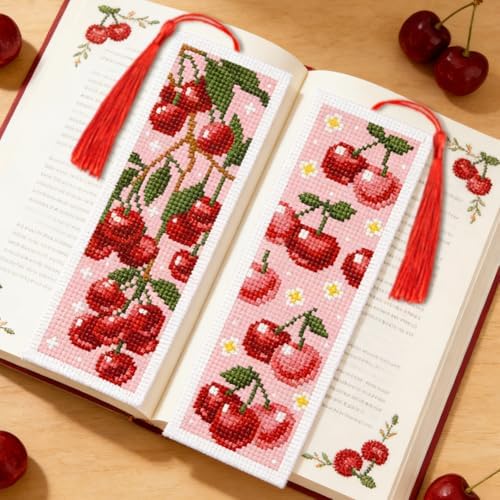 INFUNLY 6PCS Pink Cherry Cross Stitch Bookmark Kit for Adults 8.5"×3" Stamped Embroidery Bookmark Kit Bow DIY Bookmark Cross Stitch Kits with Instruction for Book Lovers Reader Writers - Image 6