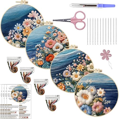 SCECALA 4 Sets Ocean Floral Embroidery Kit by SCECALA