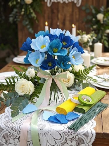 Blue Crepe Paper Poppy Flower DIY Making Kit 24 pcs Easy-to-Make Handcraft Supplies for Beginners & Artisans - Image 2