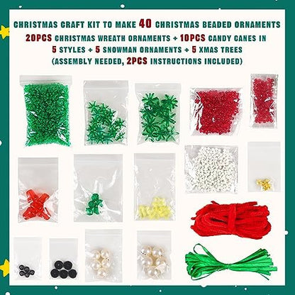 Christmas Crafts for Kids Adults Families, Beaded Ornament Kit to Make Wreath/Candy Cane/Xmas Tree/Snowman, Holiday Decorations Party Supplies, 40 Pieces - Image 3