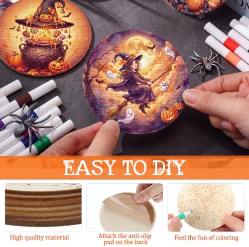 Reallnaive 45 Pcs Halloween Wooden Coasters Painting Kit, 10 Painting Coaster with Markers Holder Cork Pads Arts and Crafts DIY Gift for Adults Ornament Home Office Decor - Image 3