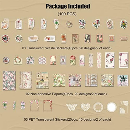 Esweny 100 PCS Vintage Ephemera Pack Journaling Scrapbooking Supplies Scrapbook Sticker Paper Kit for Junk Journal Planners Collage Craft Notebooks Decoupage Album (Flowers) - Image 2