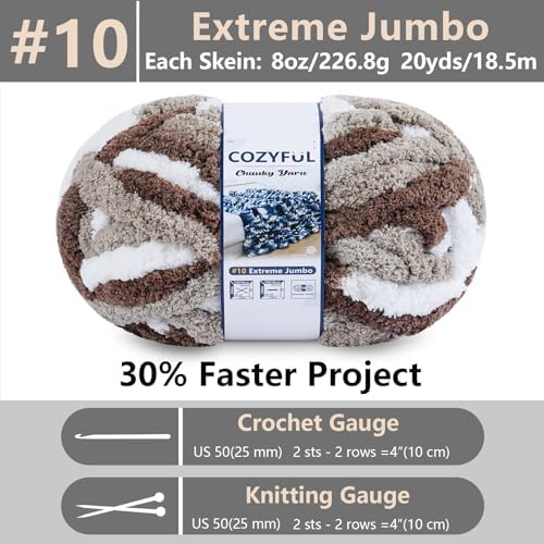 Cozyful Chunky Yarn for Hand Knitting - #10 Chunky Chenille Blanket Yarn, Jumbo Big Thick Chunky Yarns for Crocheting, Tie Dye Bulky Knit Yarns, 8 Skein (20 yds 8 oz Each Skein), Multi Coffee & White - Image 2