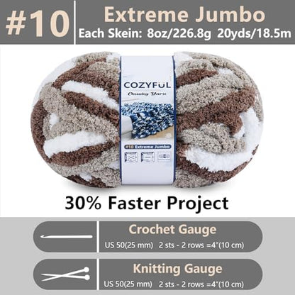 Cozyful Chunky Yarn for Hand Knitting - #10 Chunky Chenille Blanket Yarn, Jumbo Big Thick Chunky Yarns for Crocheting, Tie Dye Bulky Knit Yarns, 8 Skein (20 yds 8 oz Each Skein), Multi Coffee & White - Image 2
