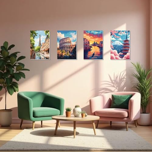 obterie 4 Pack Framed Paint by Numbers Kit for Adults Beginner Canvas Painting by Numbers for Adults Landscapes Easy Adult Paint by Number Kits with Frame City Watercolor Painting by Number 8x12 Inch - Image 6