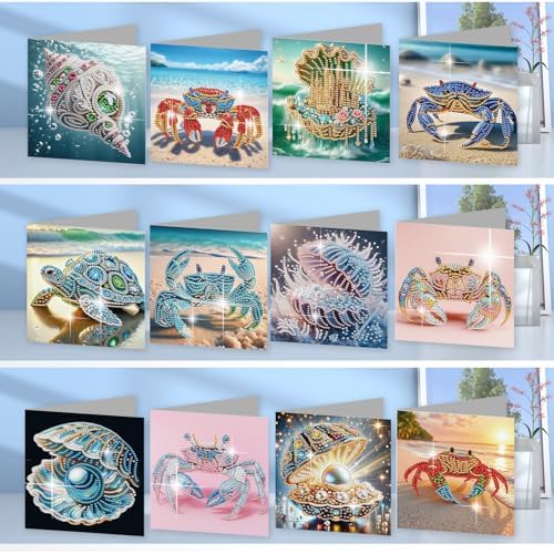 jinglinhh 12pcs Diamond Art Painting Beach Crab Seashell Conch Seaturtle Greeting Cards with Envelopes, DIY Card Making Kits for Adults, Diamond Art Postcards Christmas Cards Craft Gifts - Image 7