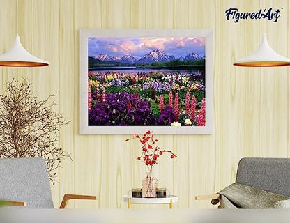 Figured'Art Paint by Numbers Kit for Adults Flowers and Lake Near The Mountain 16"x20" - Craft Art Painting Rolled Canvas with DIY Wooden Frame - Image 4