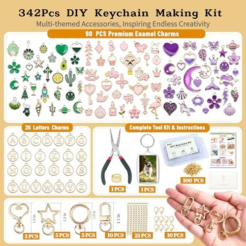 Kupor 342Pcs DIY Keychain Making Kit – 25 Keychains, Storage Box & Instruction,Great for Crafting Bag Charms, Keychain Charms Ideal for Craft Lovers (Eco-Friendly Materials) & Gift Shoppers - Image 4