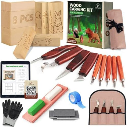 Wood Carving Kit – 29Pcs Whittling Knife Set with 9 Knives, Basswood Blocks w/Carved Guides, Safety Gloves, Whetstone, Stropping Leather & Roll Bag – AMPARIA Premium Tools for Beginner & Professional by Unknown