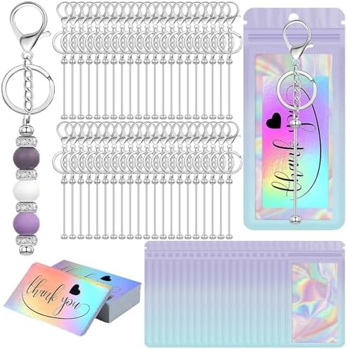 42/84/126 Pcs Beadable Keychain Bars Bulk Blank DIY Beaded Keychain Making Supplies with Bag Thank You Card by Unknown