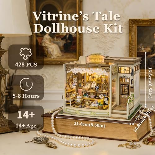 fifijoy DIY Miniature Dollhouse Kit - Jewelry Shop DIY Miniature House Kit for Adults and Teens, 3D Wooden Puzzle Tiny House Model with LED Light, Unique Gift for Family, Friends (Vitrine’s Tale) - Image 5