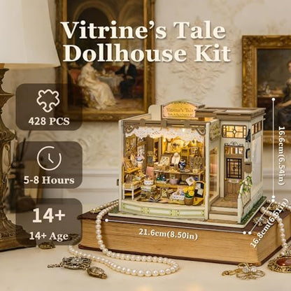 fifijoy DIY Miniature Dollhouse Kit - Jewelry Shop DIY Miniature House Kit for Adults and Teens, 3D Wooden Puzzle Tiny House Model with LED Light, Unique Gift for Family, Friends (Vitrine’s Tale) - Image 5